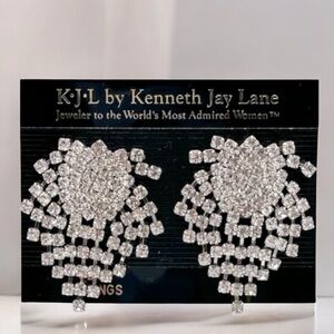 NWT KJL Kenneth J Lane Silver Tone Rhodium Crystal Waterfall Clip Earrings NEW